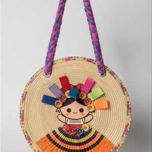 Vibrant Round Woven Tote with Doll Design